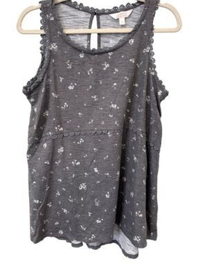 Lauren Conrad Lace Trim Floral Sleeveless Tank Top Women Large Keyhole Back Gray